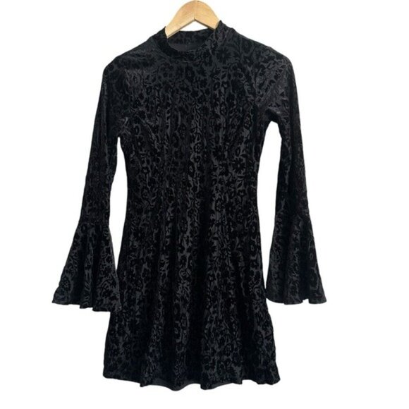 Lily Rose Black Velvet burnout Dress - Bell Sleeves, Whimsigoth Romantic Sz XS - Picture 2 of 10